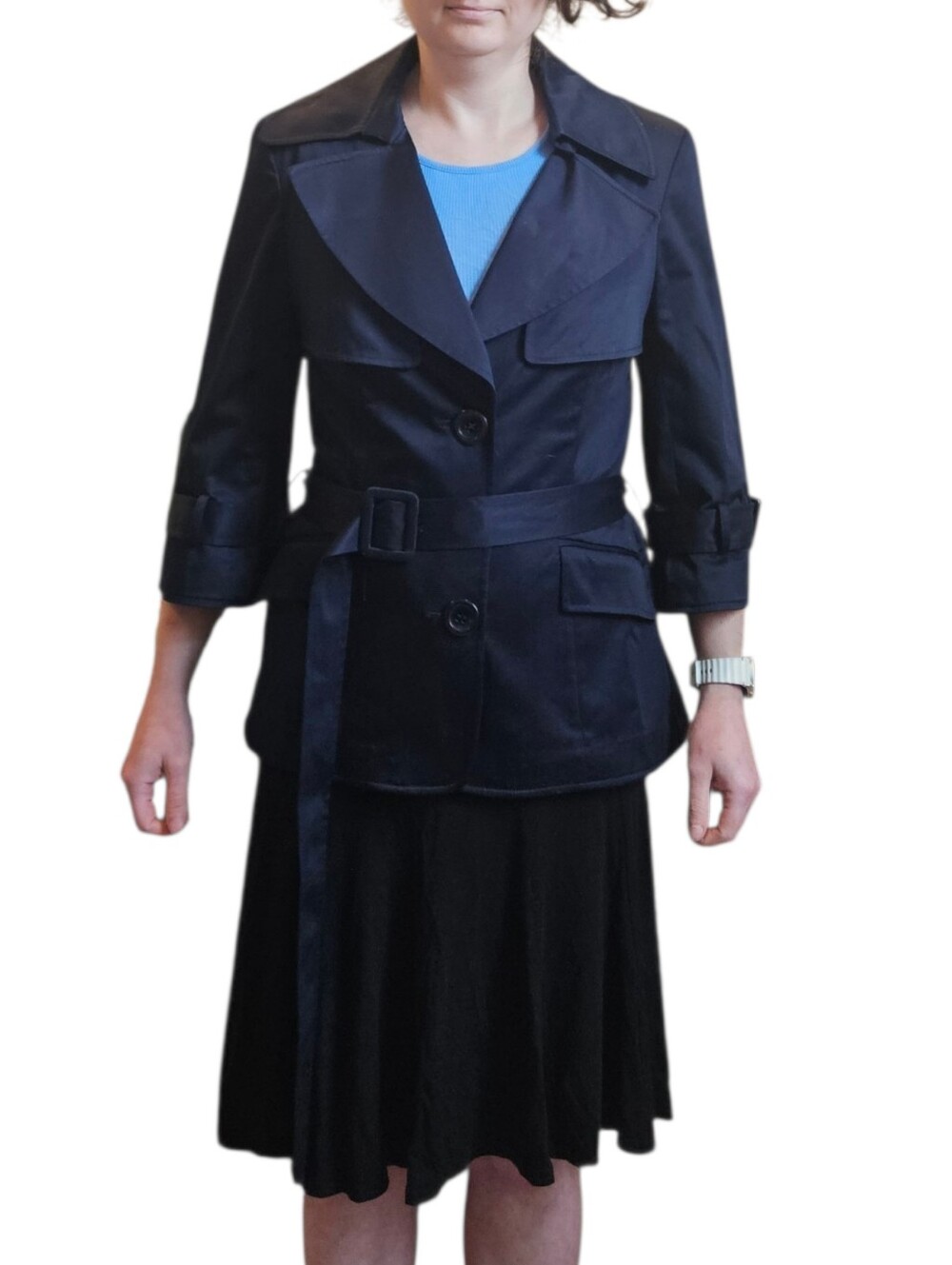 Lafayette 148 New York Navy Belted Short Trench Coat Size 8
